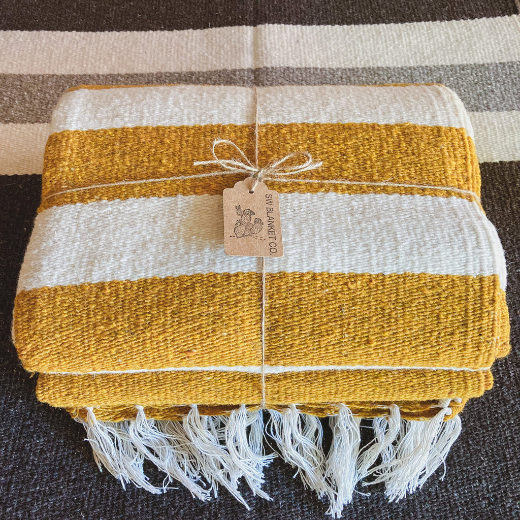 Gold and White Traditional Handwoven Wool Blanket