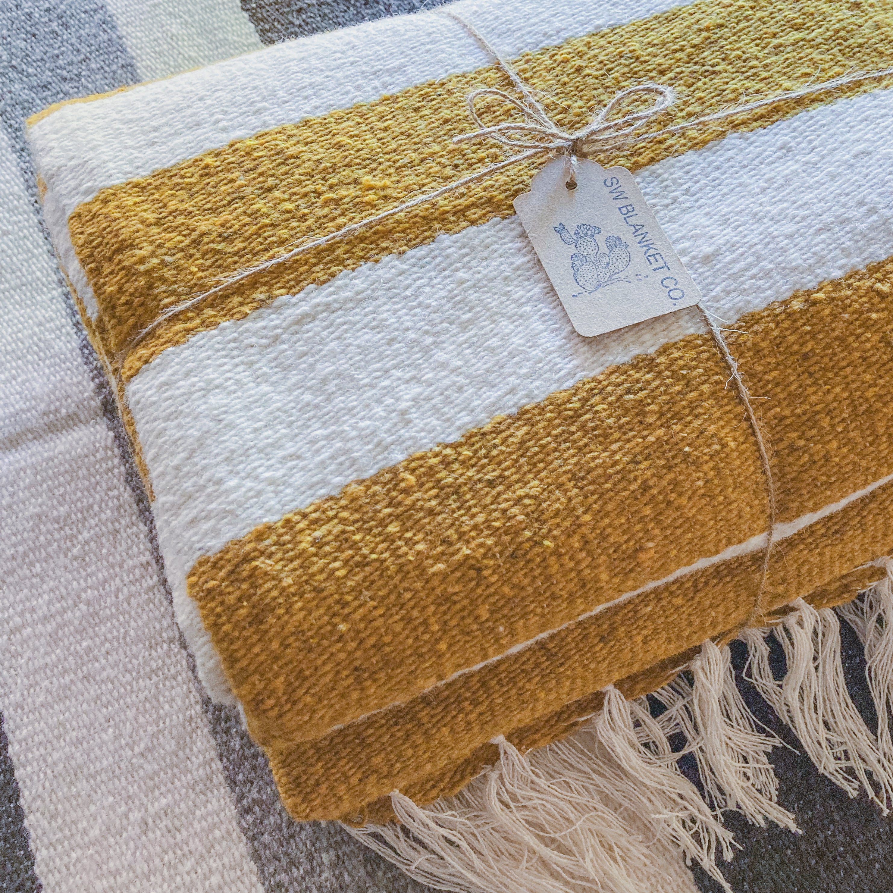 Gold and White Traditional Handwoven Wool Blanket