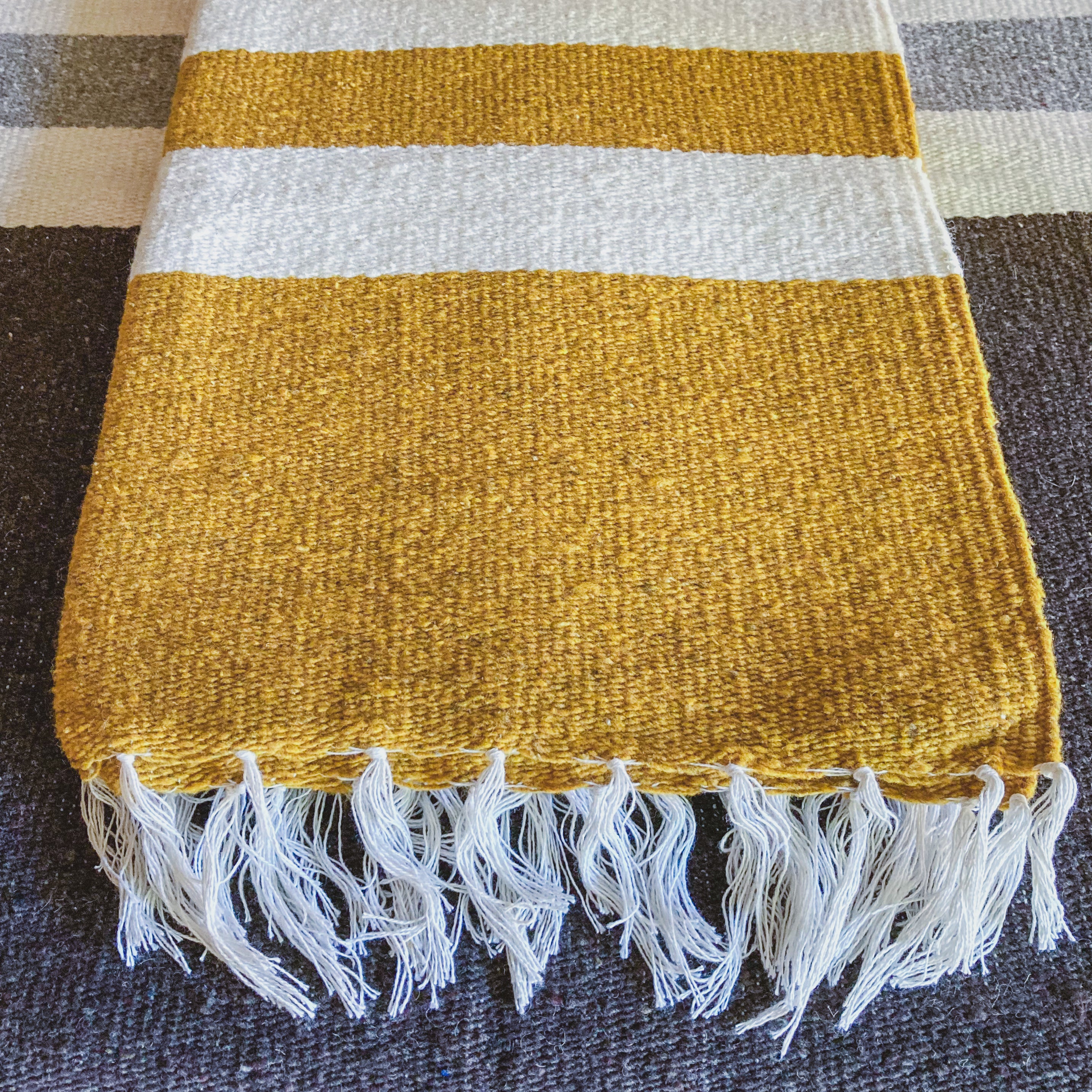 Gold and White Traditional Handwoven Wool Blanket