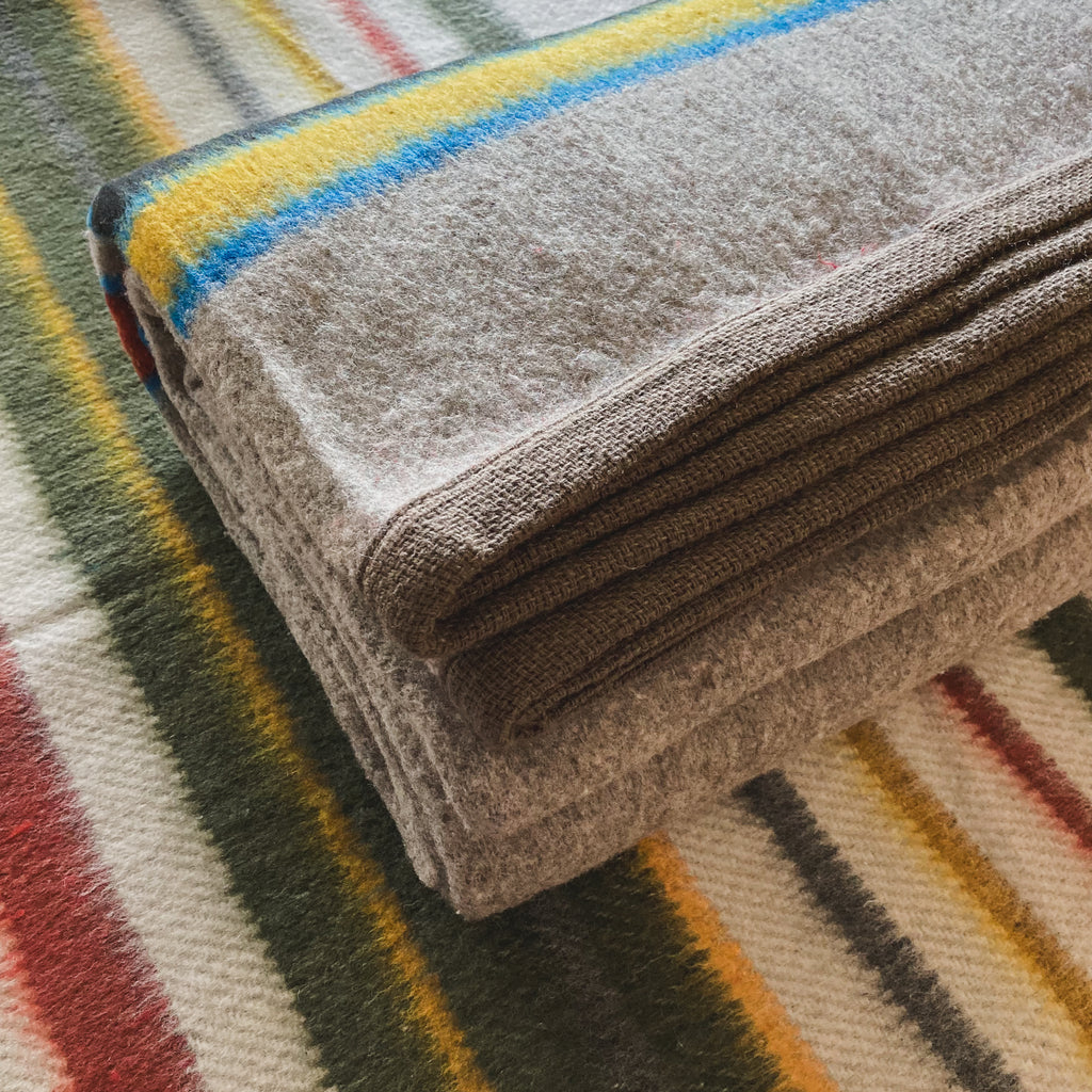 Gray Striped Brushed Wool Handwoven Blanket with Tailored Edge