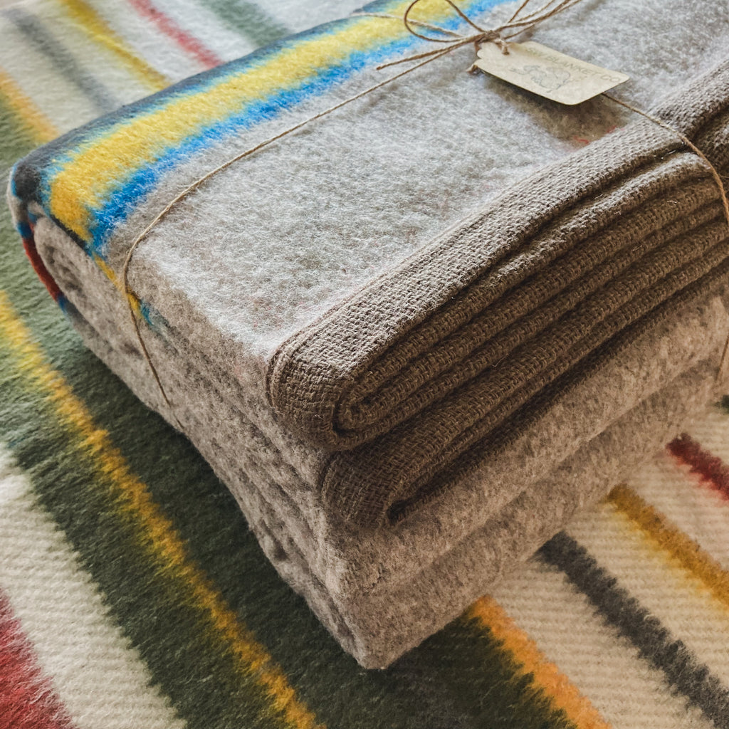 Gray Striped Brushed Wool Handwoven Blanket with Tailored Edge