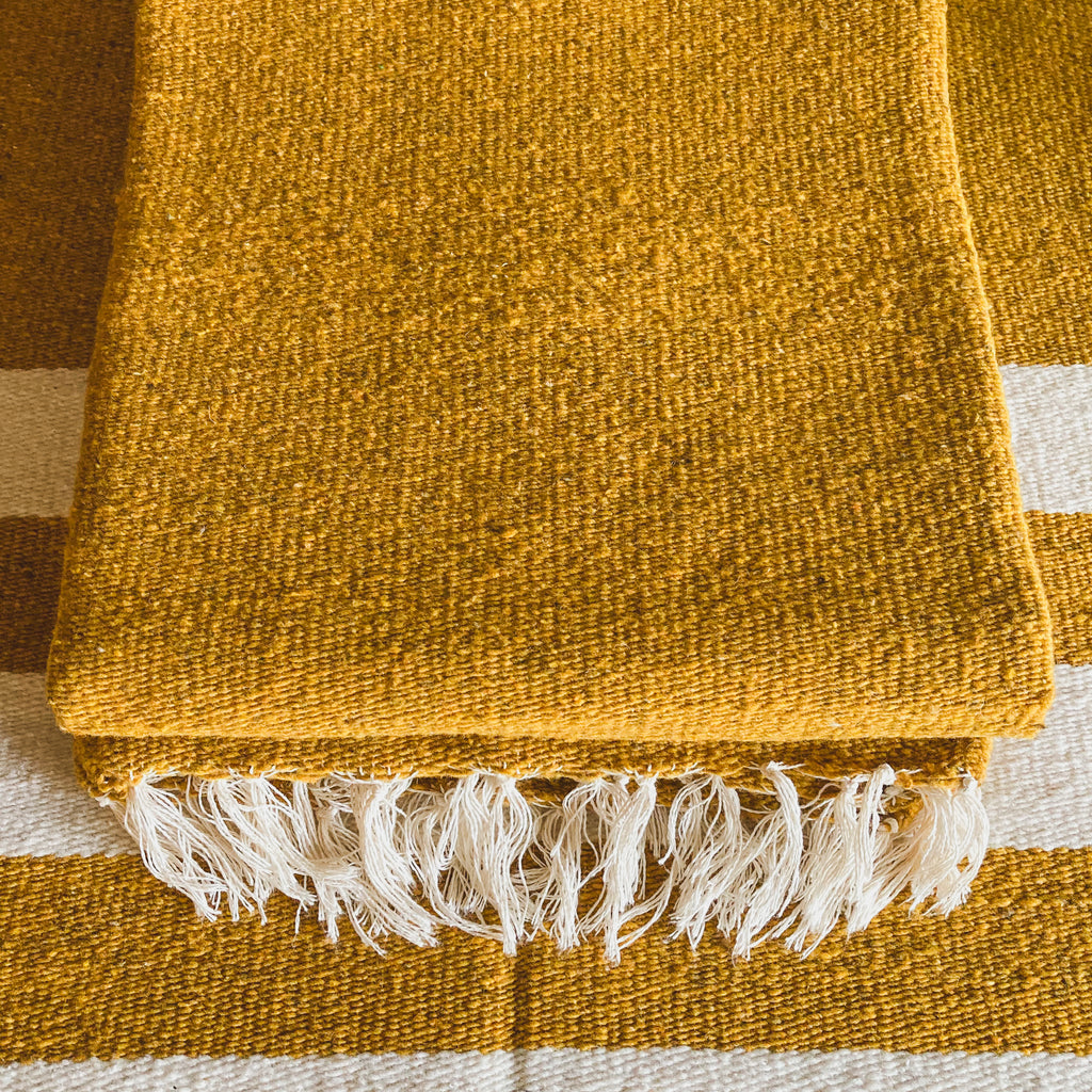 Gold Traditional Handwoven Wool Blanket with White Tassels