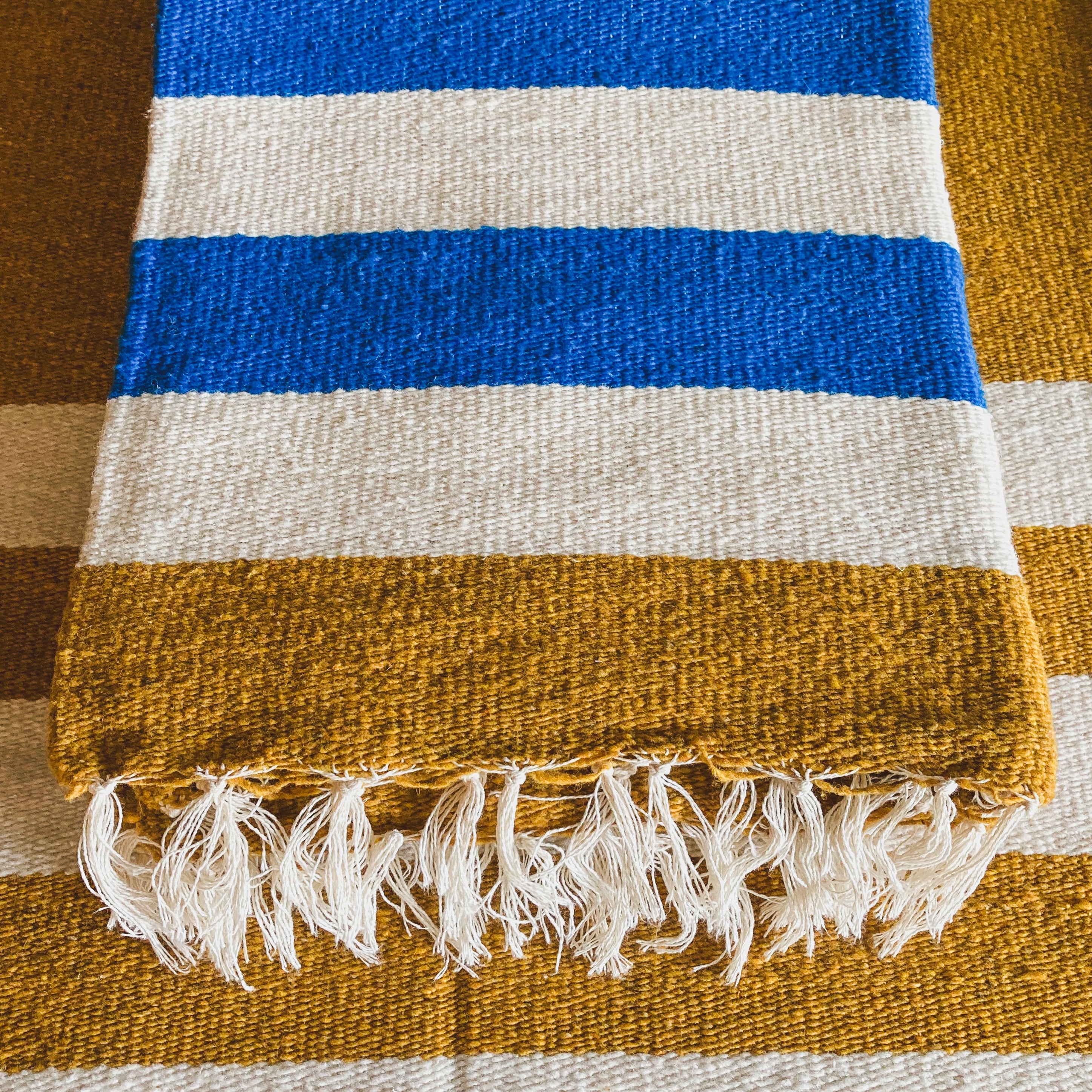 Gold Traditional Handwoven Wool Blanket with White Tassels