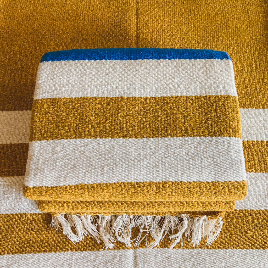 Gold Traditional Handwoven Wool Blanket with White Tassels