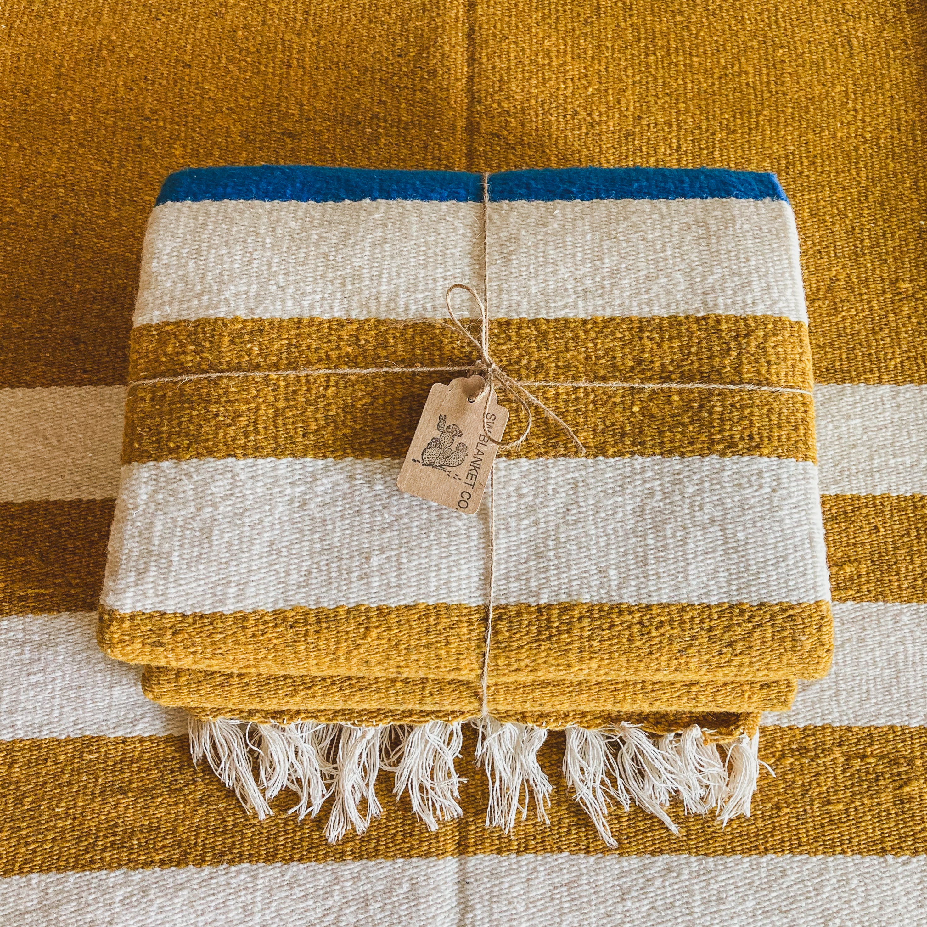 Gold Traditional Handwoven Wool Blanket with White Tassels