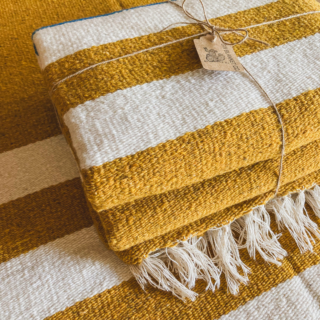 Gold Traditional Handwoven Wool Blanket with White Tassels
