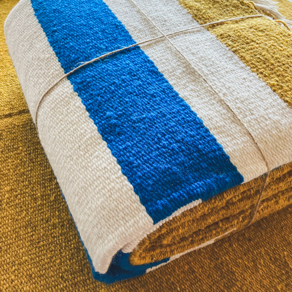 Gold Traditional Handwoven Wool Blanket with White Tassels